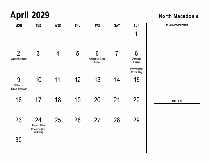 April 2029 Printable Monthly Calendar with North Macedonia Holidays