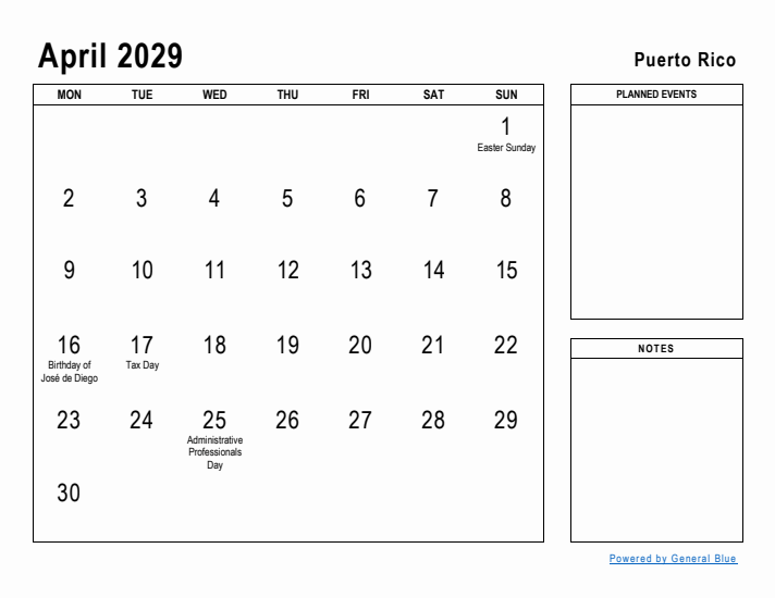 April 2029 Printable Monthly Calendar with Puerto Rico Holidays