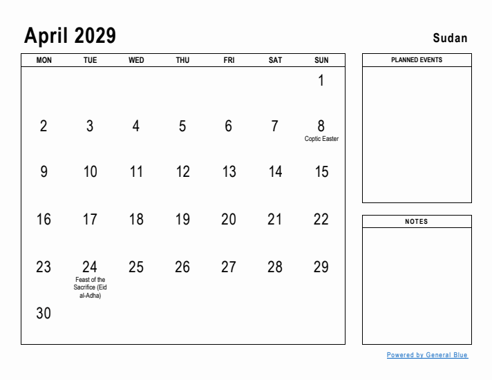 April 2029 Printable Monthly Calendar with Sudan Holidays