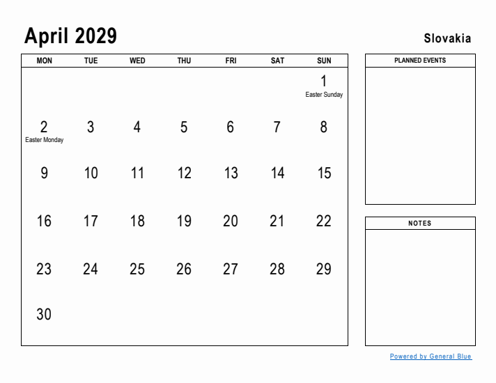 April 2029 Printable Monthly Calendar with Slovakia Holidays