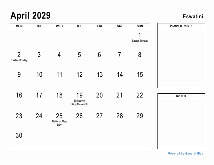 April 2029 Printable Monthly Calendar with Eswatini Holidays