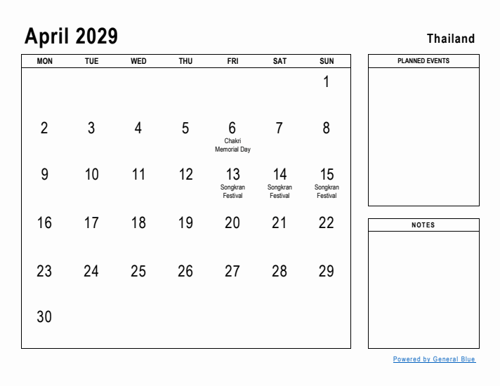 April 2029 Printable Monthly Calendar with Thailand Holidays
