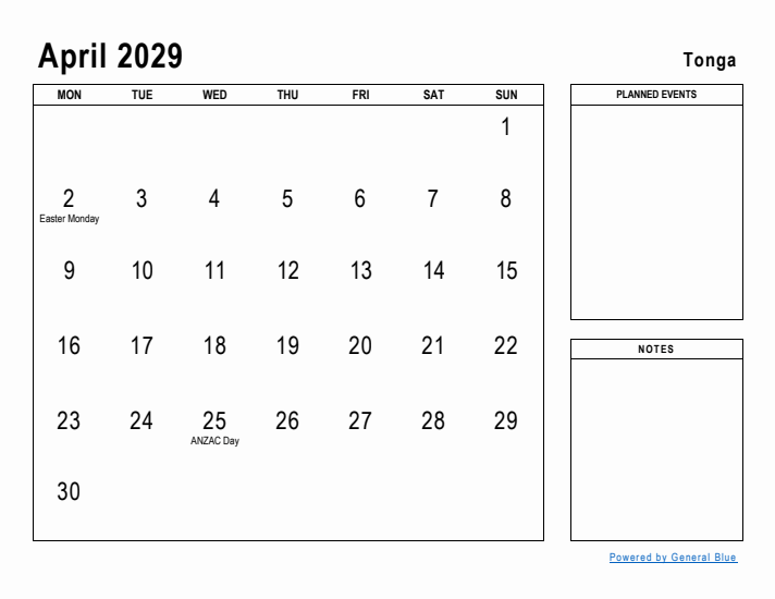 April 2029 Printable Monthly Calendar with Tonga Holidays