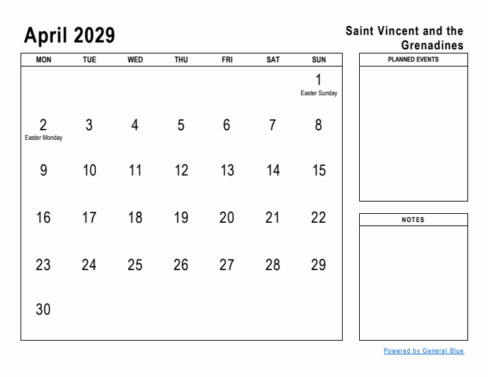 April 2029 Printable Monthly Calendar with Saint Vincent and the Grenadines Holidays