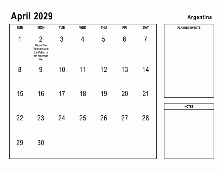April 2029 Printable Monthly Calendar with Argentina Holidays