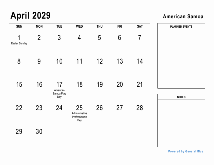 April 2029 Printable Monthly Calendar with American Samoa Holidays