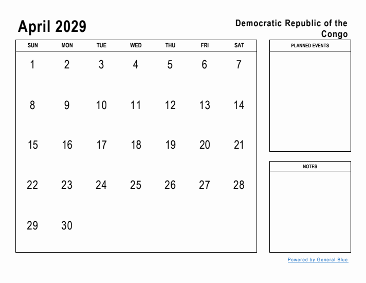 April 2029 Printable Monthly Calendar with Democratic Republic of the Congo Holidays