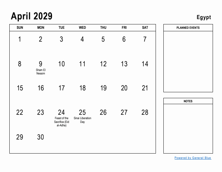 April 2029 Printable Monthly Calendar with Egypt Holidays