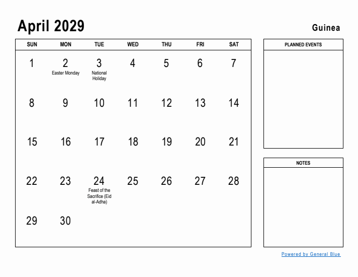 April 2029 Printable Monthly Calendar with Guinea Holidays