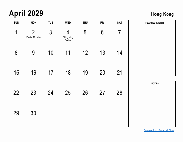 April 2029 Printable Monthly Calendar with Hong Kong Holidays