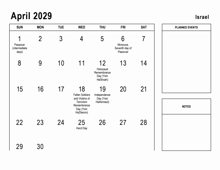 April 2029 Printable Monthly Calendar with Israel Holidays