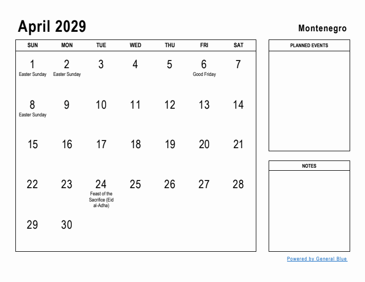 April 2029 Printable Monthly Calendar with Montenegro Holidays