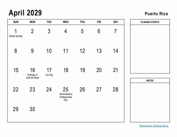 April 2029 Printable Monthly Calendar with Puerto Rico Holidays