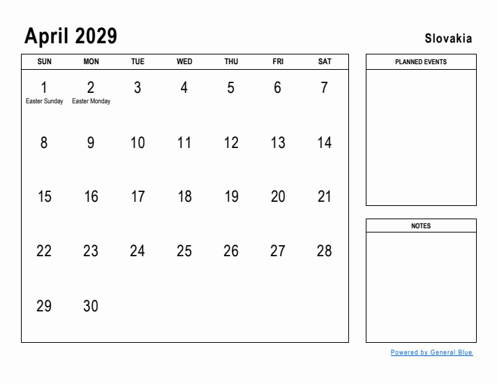April 2029 Printable Monthly Calendar with Slovakia Holidays