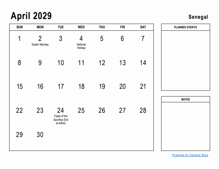 April 2029 Printable Monthly Calendar with Senegal Holidays