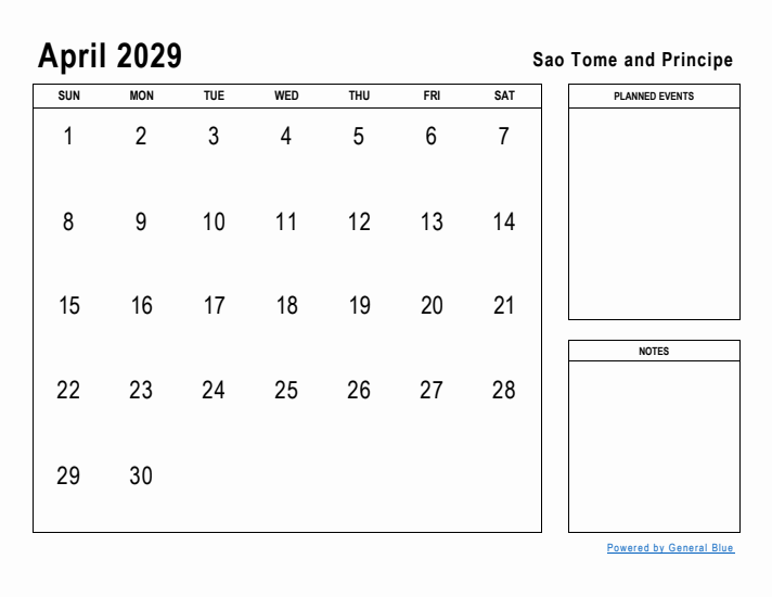 April 2029 Printable Monthly Calendar with Sao Tome and Principe Holidays