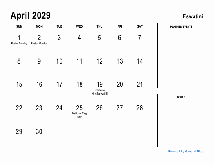 April 2029 Printable Monthly Calendar with Eswatini Holidays