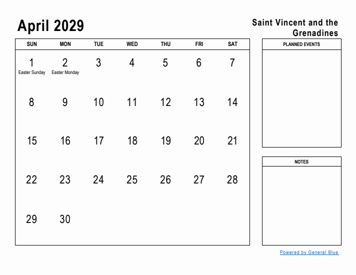 April 2029 Printable Monthly Calendar with Saint Vincent and the Grenadines Holidays