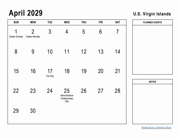 April 2029 Printable Monthly Calendar with U.S. Virgin Islands Holidays