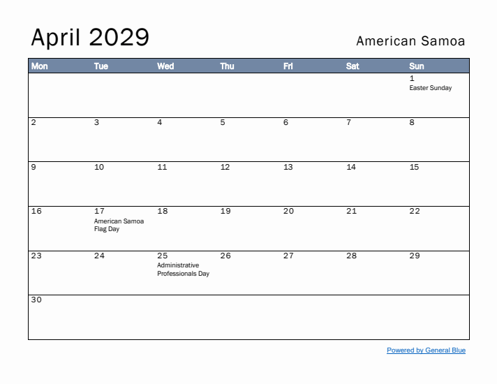 April 2029 Simple Monthly Calendar for American Samoa