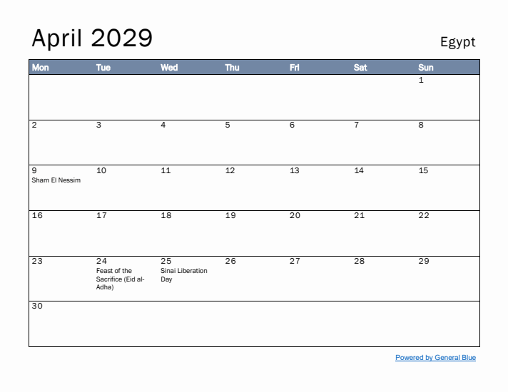 April 2029 Simple Monthly Calendar for Egypt