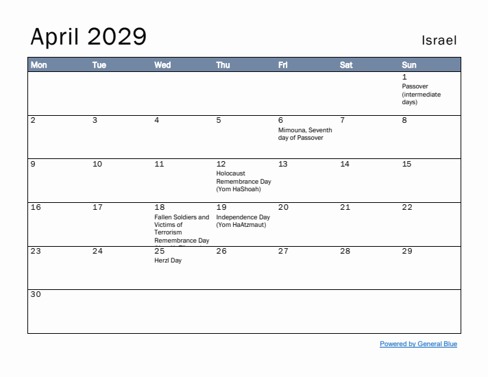 April 2029 Simple Monthly Calendar for Israel