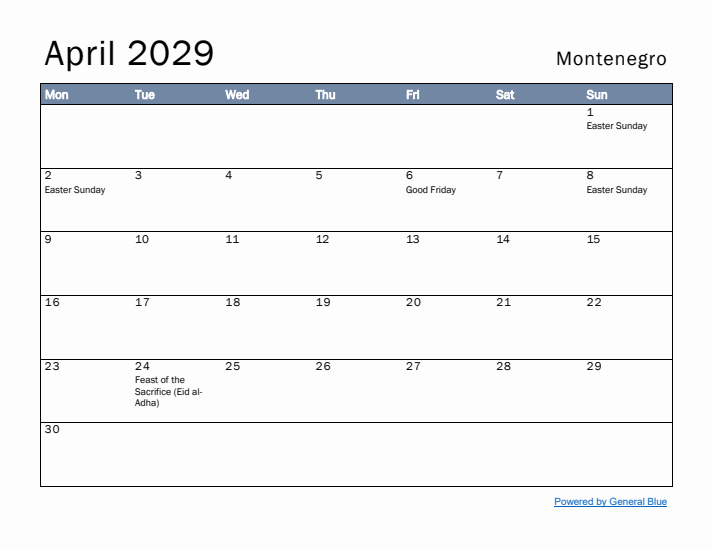 April 2029 Simple Monthly Calendar for Montenegro