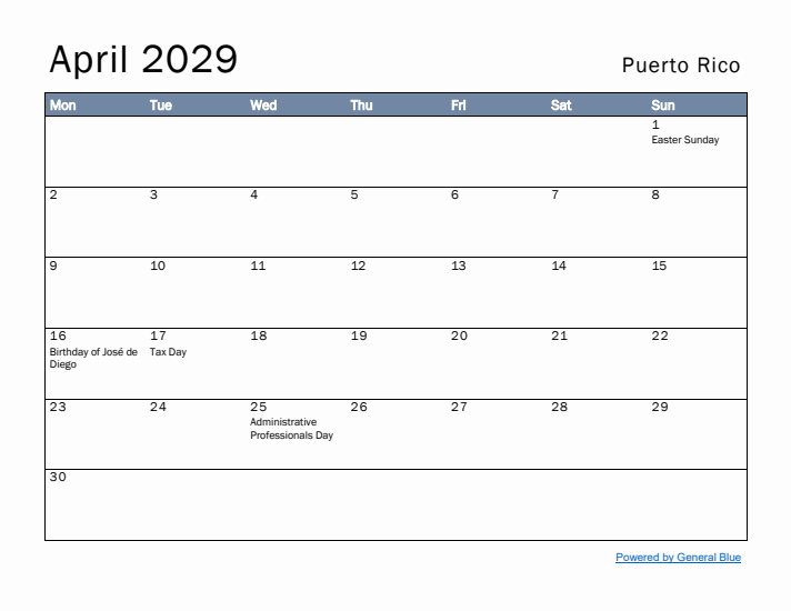 April 2029 Simple Monthly Calendar for Puerto Rico