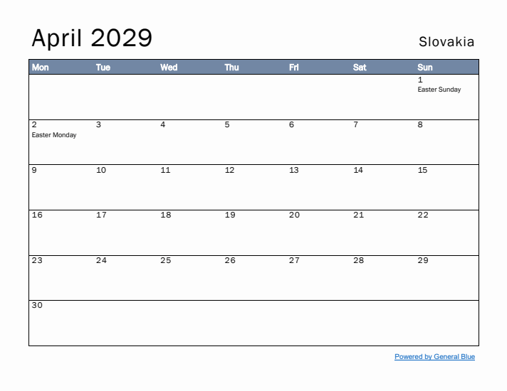 April 2029 Simple Monthly Calendar for Slovakia