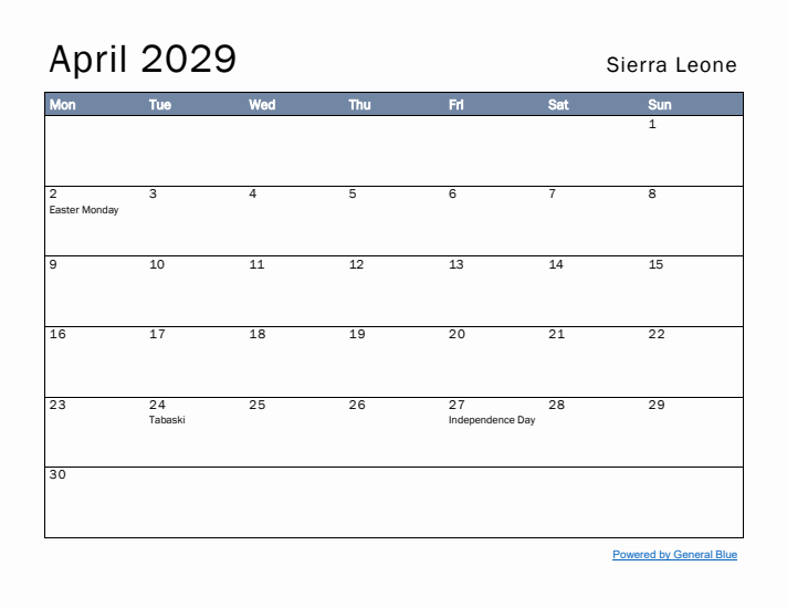April 2029 Simple Monthly Calendar for Sierra Leone
