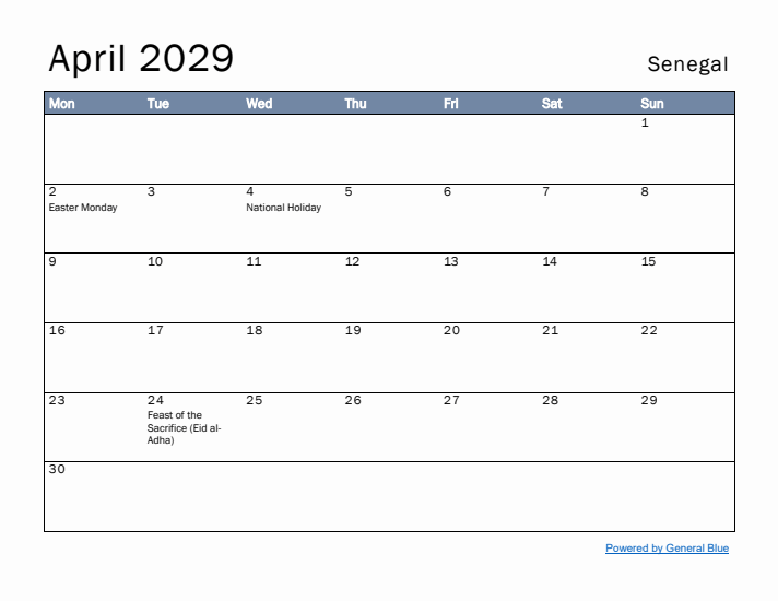 April 2029 Simple Monthly Calendar for Senegal
