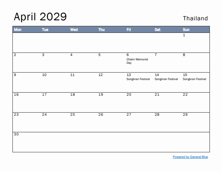 April 2029 Simple Monthly Calendar for Thailand