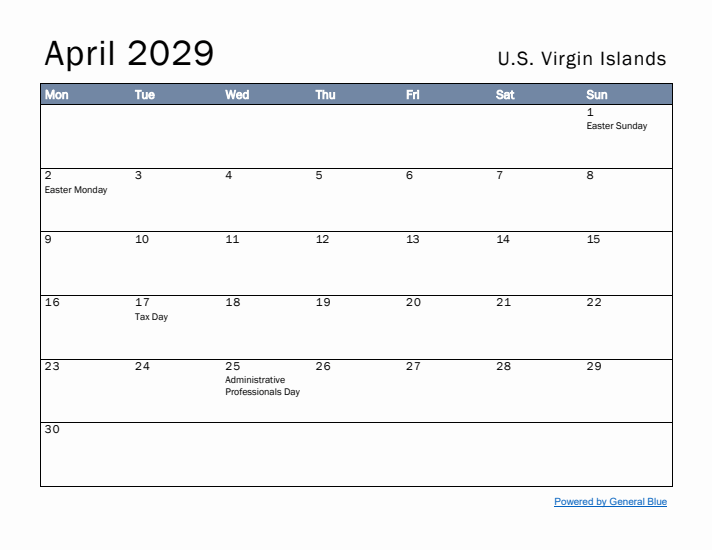 April 2029 Simple Monthly Calendar for U.S. Virgin Islands