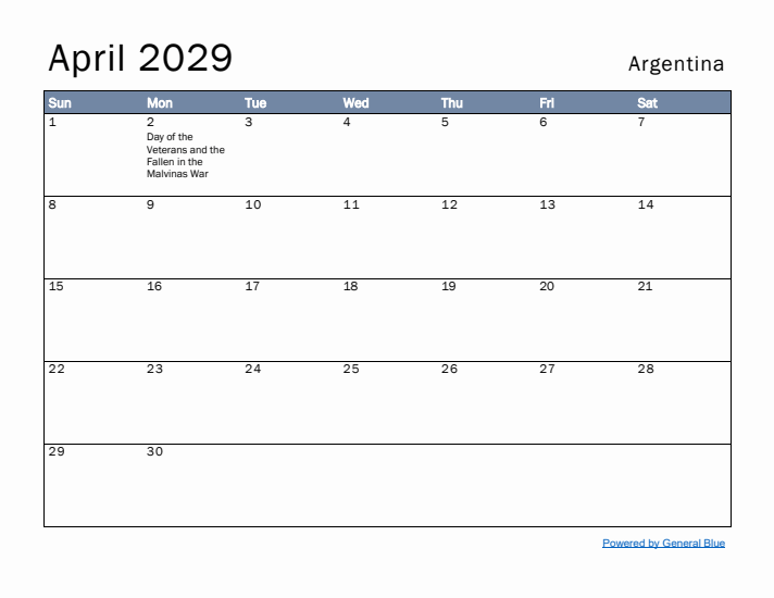 April 2029 Simple Monthly Calendar for Argentina
