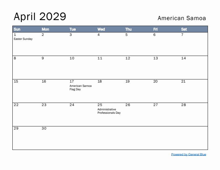 April 2029 Simple Monthly Calendar for American Samoa