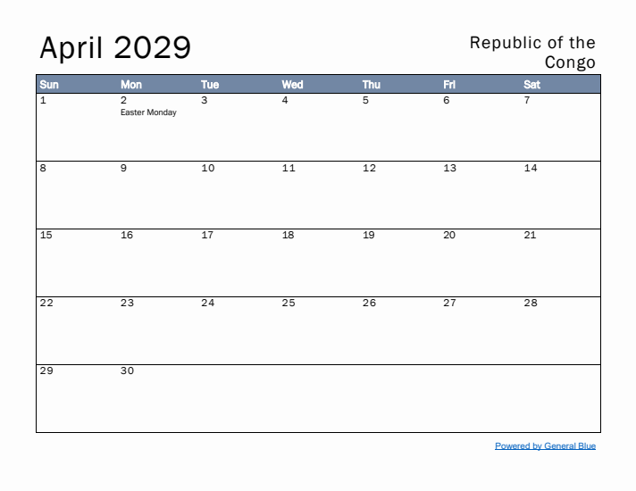 April 2029 Simple Monthly Calendar for Republic of the Congo