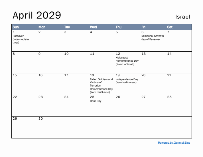 April 2029 Simple Monthly Calendar for Israel