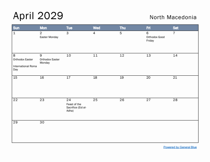 April 2029 Simple Monthly Calendar for North Macedonia