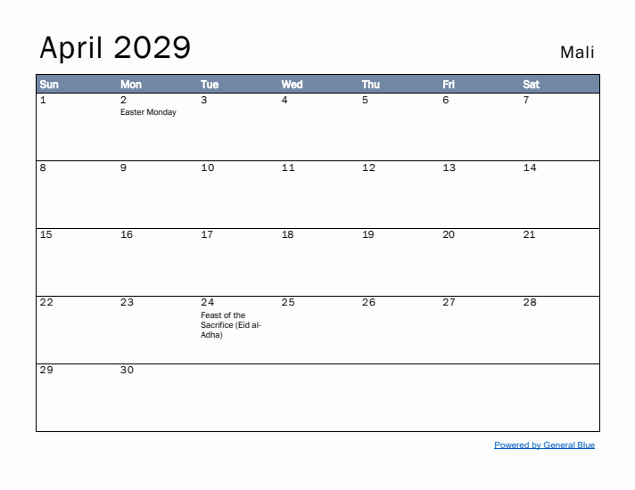 April 2029 Simple Monthly Calendar for Mali