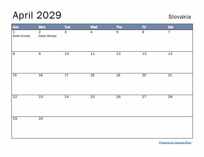 April 2029 Simple Monthly Calendar for Slovakia