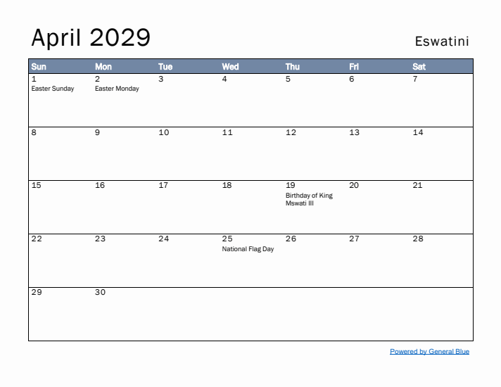 April 2029 Simple Monthly Calendar for Eswatini