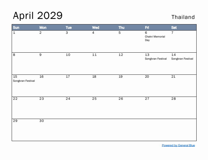 April 2029 Simple Monthly Calendar for Thailand