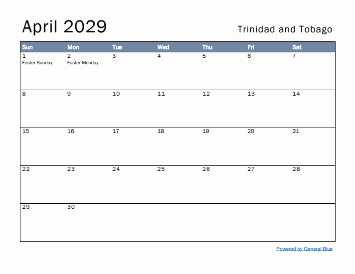 April 2029 Simple Monthly Calendar for Trinidad and Tobago