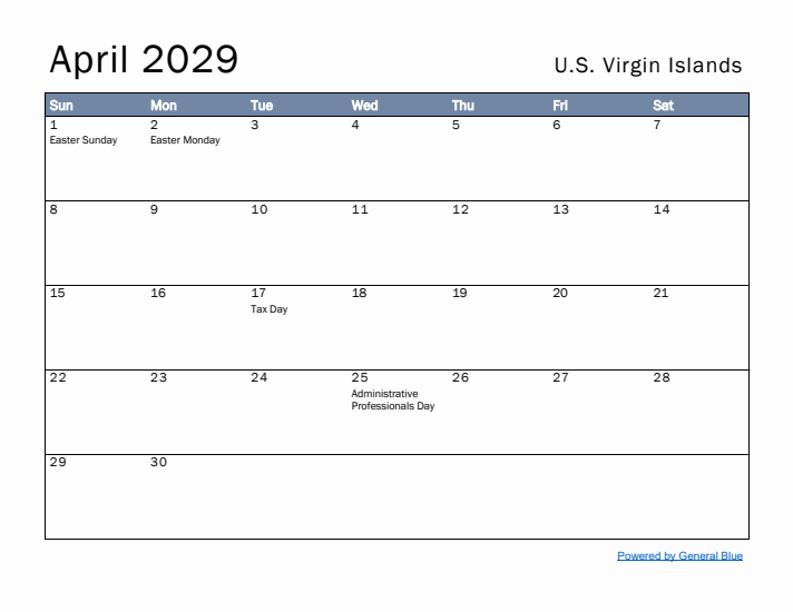 April 2029 Simple Monthly Calendar for U.S. Virgin Islands