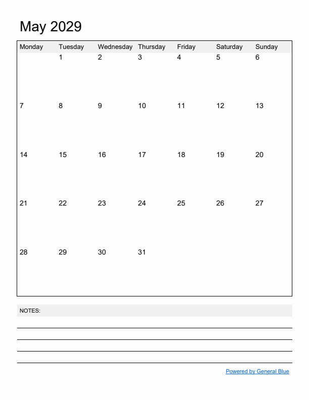 Basic Monthly Calendar Template for May 2029