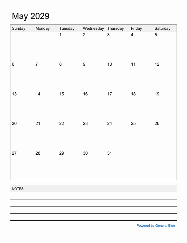 Basic Monthly Calendar Template for May 2029