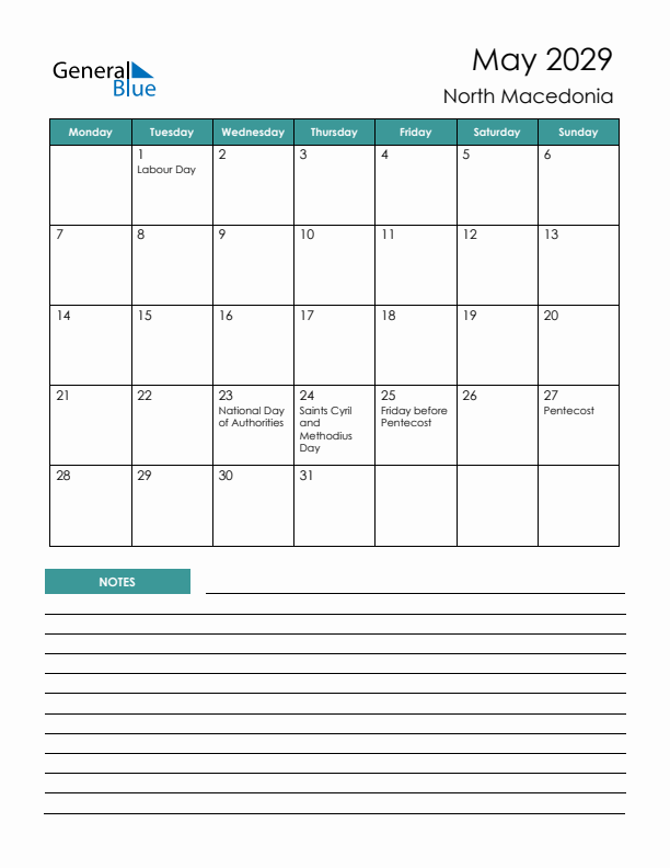 Calendar with Notes Printable - Monday Start