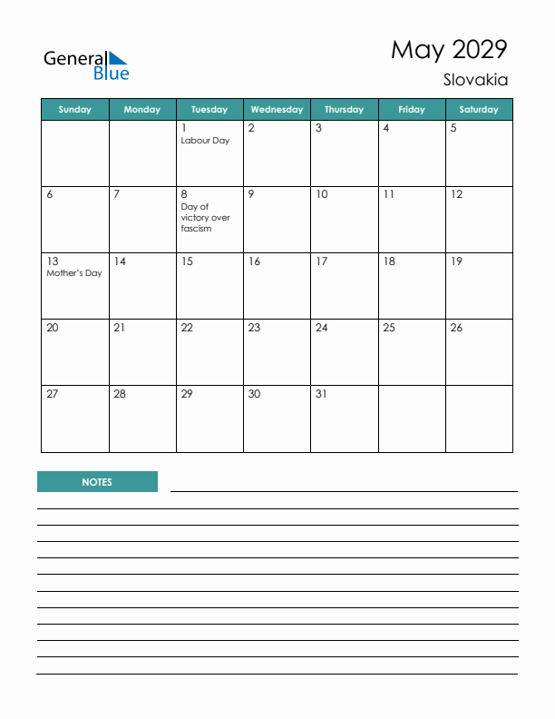 Calendar with Notes Printable - Sunday Start