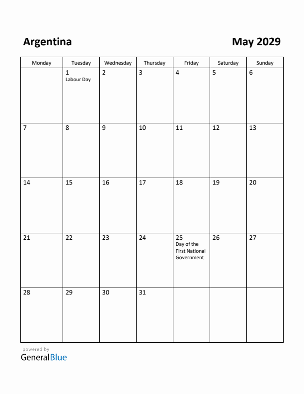 May 2029 Calendar with Argentina Holidays