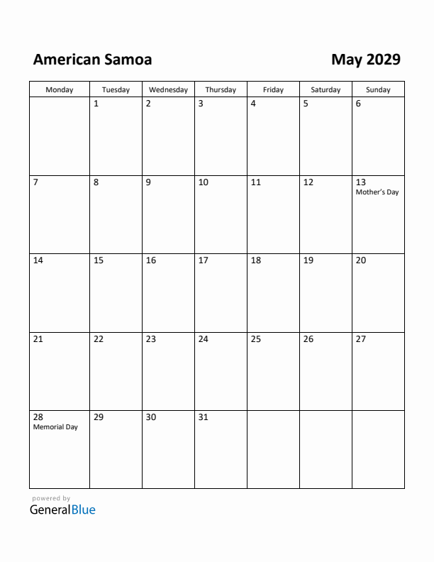 May 2029 Calendar with American Samoa Holidays